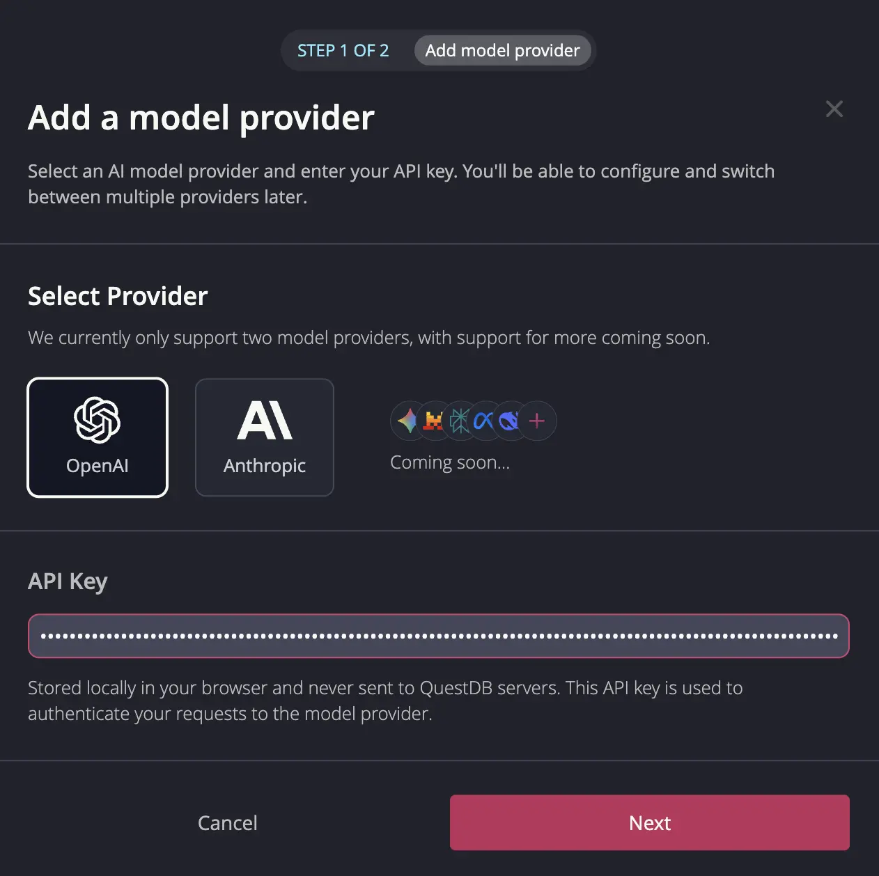 Configuration modal first step
